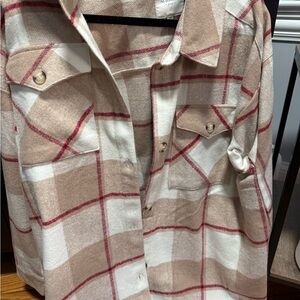 Plaid Button-Up Jacket - Tan and Red